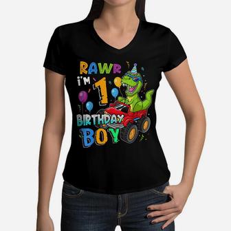 Kids 1 Year Old Shirt 1St Birthday Boy T Rex Dinosaur Women V-Neck T-Shirt | Crazezy UK