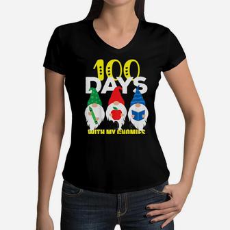 Kids 100Th Day Of School 100 Days With My Gnomies Boys Girls Women V-Neck T-Shirt - Monsterry UK