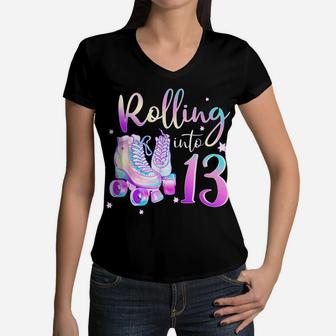 Kids 13 Years Old Birthday Girl Rolling Into 13Th Bday Theme Women V-Neck T-Shirt | Crazezy