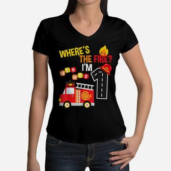 Kids 1St Birthday Party Fire Truck Toddler I'm 1 Year Old Women V-Neck T-Shirt | Crazezy DE