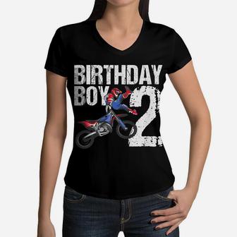 Kids 2 Year Old Dirt Bike Birthday Party Motocross Mx 2Nd Gift Women V-Neck T-Shirt | Crazezy UK