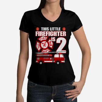 Kids 2 Year Old Firefighter Birthday Party Fire Truck 2Nd Gift Women V-Neck T-Shirt | Crazezy DE