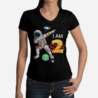 Kids 2 Years Old Birthday Boy Astronaut Space 2Nd B-Day Women V-Neck T-Shirt | Crazezy