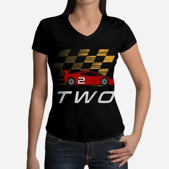 Kids 2Nd Birthday Race Car Shirt Gift I Funny Two Year Old Boys Women V-Neck T-Shirt | Crazezy CA