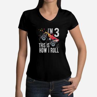 Kids 3 Year Old 3Rd Birthday Boy Monster Truck Car Women V-Neck T-Shirt | Crazezy DE