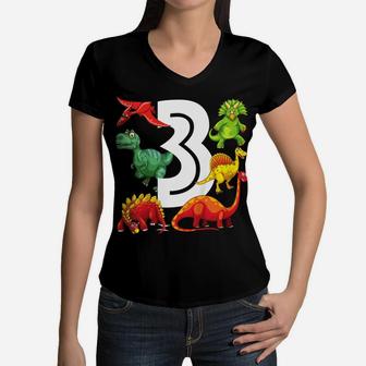 Kids 3 Year Old Dinosaur Birthday Party Dino Theme Boys 3Rd Gift Women V-Neck T-Shirt | Crazezy CA
