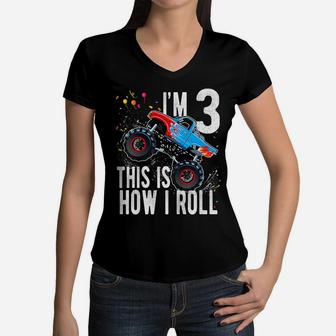 Kids 3 Year Old Shirt 3Rd Birthday Boy Monster Truck Car T Shirt Women V-Neck T-Shirt | Crazezy