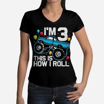 Kids 3 Year Old Shirt 3Rd Birthday Boy Monster Truck Car Women V-Neck T-Shirt | Crazezy