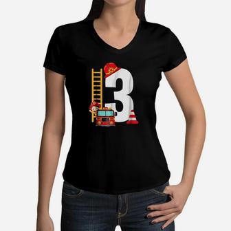 Kids 3Rd Birthday Party Fire Truck Women V-Neck T-Shirt | Crazezy CA