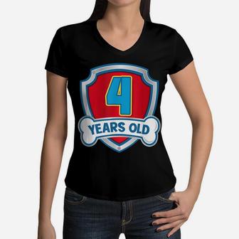 Kids 4 Year Old 4Th Birthday Paw Themed Party Boys Girls Tee Women V-Neck T-Shirt | Crazezy AU