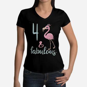 Kids 4Th Bday Girl Fabulous Flamingo Outfit 4 Year Old Cute Gift Women V-Neck T-Shirt | Crazezy DE