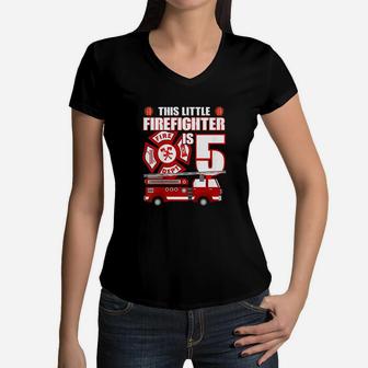 Kids 5 Year Old Firefighter Birthday Party Fire Truck 5Th Gift Women V-Neck T-Shirt | Crazezy AU