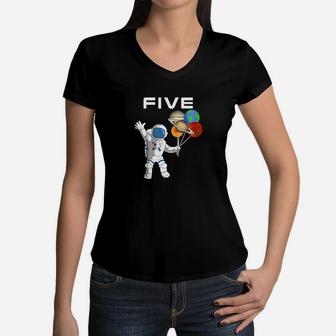 Kids 5 Year Old Outer Space Birthday Party 5Th Birthday Women V-Neck T-Shirt | Crazezy AU