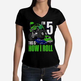 Kids 5 Years Old 5Th Birthday Monster Trucks Boys Women V-Neck T-Shirt | Crazezy DE