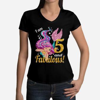 Kids 5Th Birthday Mermaid Outfit 5 And Fabulous Birthday Girls Women V-Neck T-Shirt | Crazezy CA