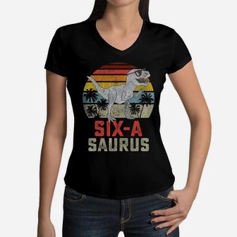 Kids 6 Year Old Dinosaur Birthday 6Th T Rex Dino Six Saurus Women V-Neck T-Shirt | Crazezy CA