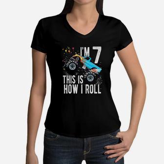 Kids 7 Year Old 7Th Birthday Boy Monster Truck Car Women V-Neck T-Shirt | Crazezy CA
