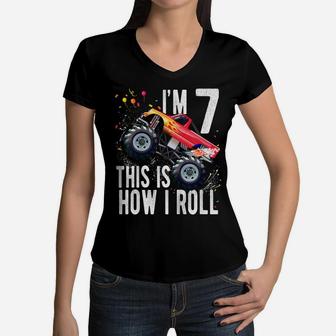 Kids 7 Year Old Shirt 7Th Birthday Boy Monster Truck Car T Shirt Women V-Neck T-Shirt | Crazezy AU
