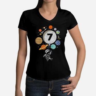 Kids 7Th Birthday Boy Astronaut Party 7 Years Old Happy Bday Women V-Neck T-Shirt | Crazezy DE