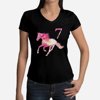 Kids 7Th Birthday Horse Gift For 7 Year Old Girls Women V-Neck T-Shirt | Crazezy