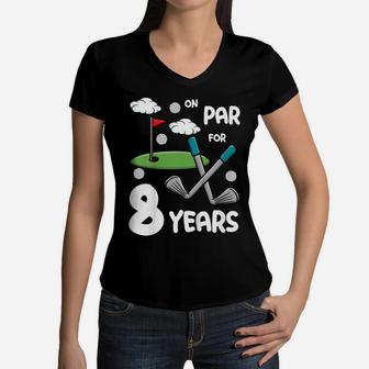 Kids 8Th Birthday Golf Funny Golfer 8 Year Old Boy Girl Women V-Neck T-Shirt | Crazezy