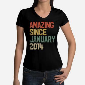 Kids Amazing Since January 2014 7Th Birthday Gift 7 Year Old Women V-Neck T-Shirt | Crazezy UK