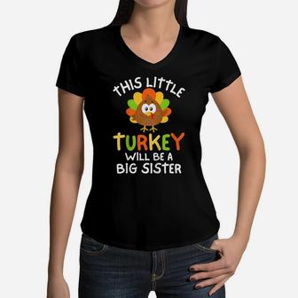 Kids Big Sister Turkey Thanksgiving Pregnancy Announcement Girls Women V-Neck T-Shirt | Crazezy UK