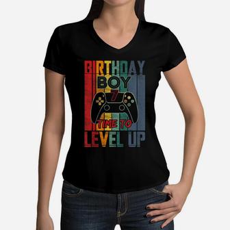Kids Birthday Boy 7 Time To Level Up Vintage 7 Birthday Boy Women V-Neck T-Shirt | Crazezy