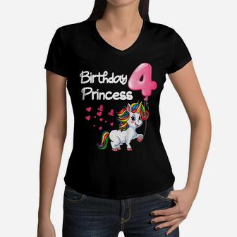 Kids Birthday Princess 4 Years Old Unicorn 4Th Birthday For Girls Women V-Neck T-Shirt | Crazezy CA