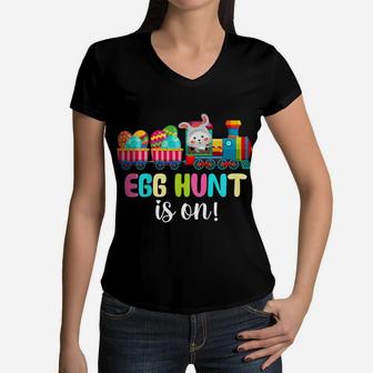 Kids Boys Easter Day Egg Hunt Is On Bunny Ear Train Apparel Women V-Neck T-Shirt | Crazezy