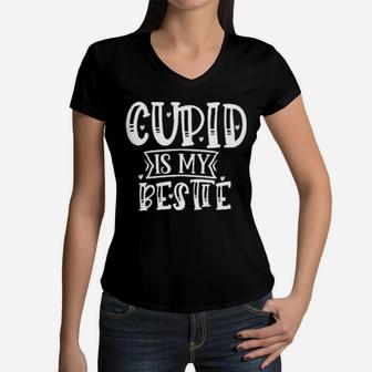 Kids Cute Valentines Day And Girls Cupid Is My Bestie Women V-Neck T-Shirt - Monsterry CA