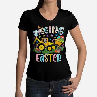 Kids Digging Easter Bunny Driving Tractor Excavator Eggs Hunting Women V-Neck T-Shirt | Crazezy AU