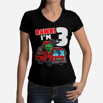 Kids Dinosaur Fire Truck 3Rd Birthday Boy 3 T-Rex Firefighter Women V-Neck T-Shirt | Crazezy CA