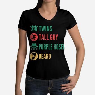 Kids Dude Tall Guy Beard Twins Purple Hoser Retro Vintage Women V-Neck T-Shirt | Crazezy