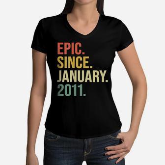 Kids Epic Since January 2011, 9 Years Old, 9Th Birthday Gift Women V-Neck T-Shirt | Crazezy