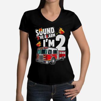 Kids Fire Truck 2 Year Old Firefighter 2Nd Birthday Boy Toddle Women V-Neck T-Shirt | Crazezy CA