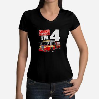 Kids Fire Truck 4Th Birthday Boy Firefighter 4 Year Old Women V-Neck T-Shirt | Crazezy