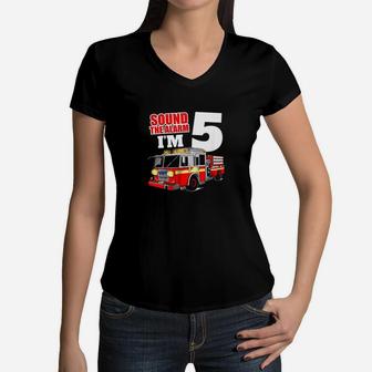 Kids Fire Truck 5Th Birthday Boy Firefighter 5 Year Old Women V-Neck T-Shirt | Crazezy CA