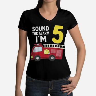 Kids Fire Truck 5Th Birthday T Shirt Boy Firefighter 5 Year Old Women V-Neck T-Shirt | Crazezy