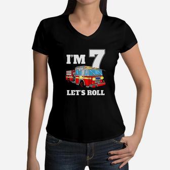 Kids Fire Truck 7Th Birthday Boy Firefighter 7 Year Old Women V-Neck T-Shirt | Crazezy DE
