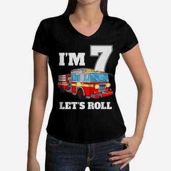 Kids Fire Truck 7Th Birthday T Shirt Boy Firefighter 7 Year Old Women V-Neck T-Shirt | Crazezy