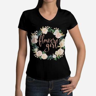 Kids Flower Girl Blush Floral Wreath Wedding Women V-Neck T-Shirt | Crazezy DE