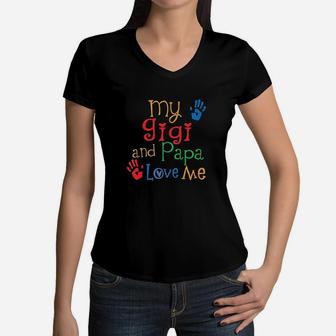 Kids Gigi And Papa Love Me Gift For Grandkids Women V-Neck T-Shirt | Crazezy