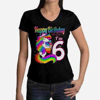 Kids Happy Birthday To Me I'm 6 Years Old Unicorn Party Theme Women V-Neck T-Shirt | Crazezy AU