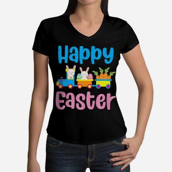 Kids Happy Easter Bunny Rabbit Egg Hunting Train Lover Women V-Neck T-Shirt | Crazezy DE
