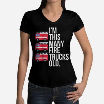 Kids Im This Many Fire Trucks Old 3 Year Old Birthday Women V-Neck T-Shirt | Crazezy DE