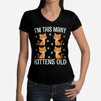 Kids I'm This Many Kittens Old - Cute Cat 4Th Birthday Women V-Neck T-Shirt | Crazezy UK