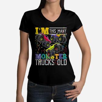 Kids I'm This Many Monster Trucks Old 3Rd Birthday Shirt Boy Gift Women V-Neck T-Shirt | Crazezy DE