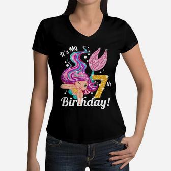 Kids It's My 7Th Birthday Mermaid Shirt 7 Year Old Girls Gift Women V-Neck T-Shirt | Crazezy