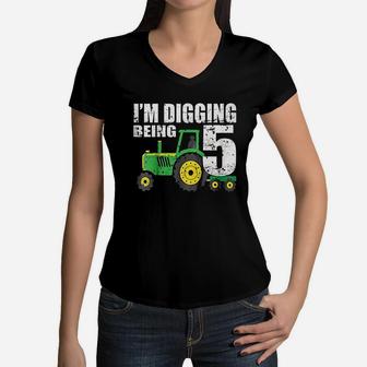Kids Kids 5 Year Old Tractor Birthday 5Th Birthday Women V-Neck T-Shirt | Crazezy DE